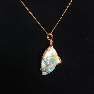 Wire Wrapped Green Stone on a Vintage Gold Tone Chain Necklace